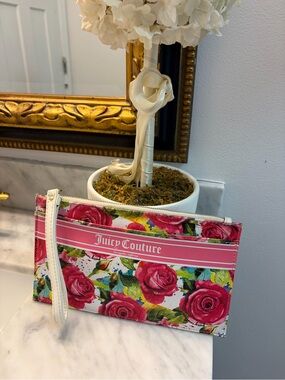Juicy Couture Pink & Red Rose Print Wristlet Pouch